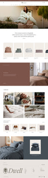 The Dwell theme features soft italic fonts, neutral pastel colors, and the product imagery is cosy bed spreads and fluffy towels.